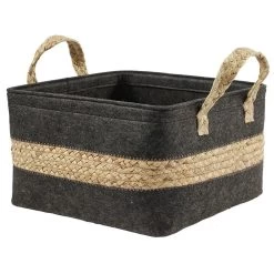 Panière En Jonc De Mer Noir Avec Bande Déco Naturel - 32x27xH32 Cm