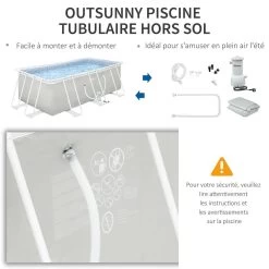 Piscine Tubulaire Hors Sol Rectangulaire Avec Filtre Dim. 440L X 240l X 122H Cm Acier PVC Gris Clair