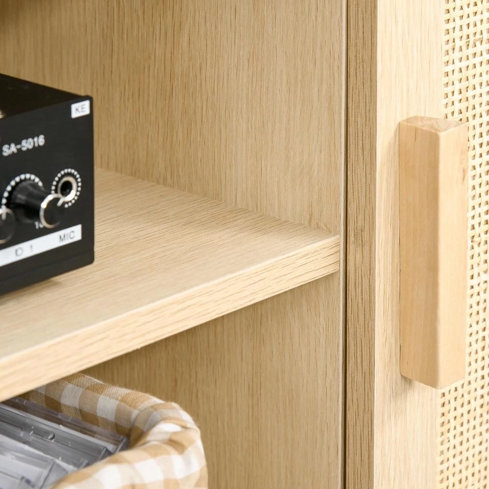 Meuble TV Banc TV 2 Niches 2 Placards Porte Cannage En Rotin Dim. 115L X 40l X 48H Cm MDF Aspect Bois Clair 6 Meuble TV Banc TV 2 Niches 2 Placards Porte Cannage En Rotin Dim. 115L X 40l X 48H Cm MDF Aspect Bois Clair – Image 6