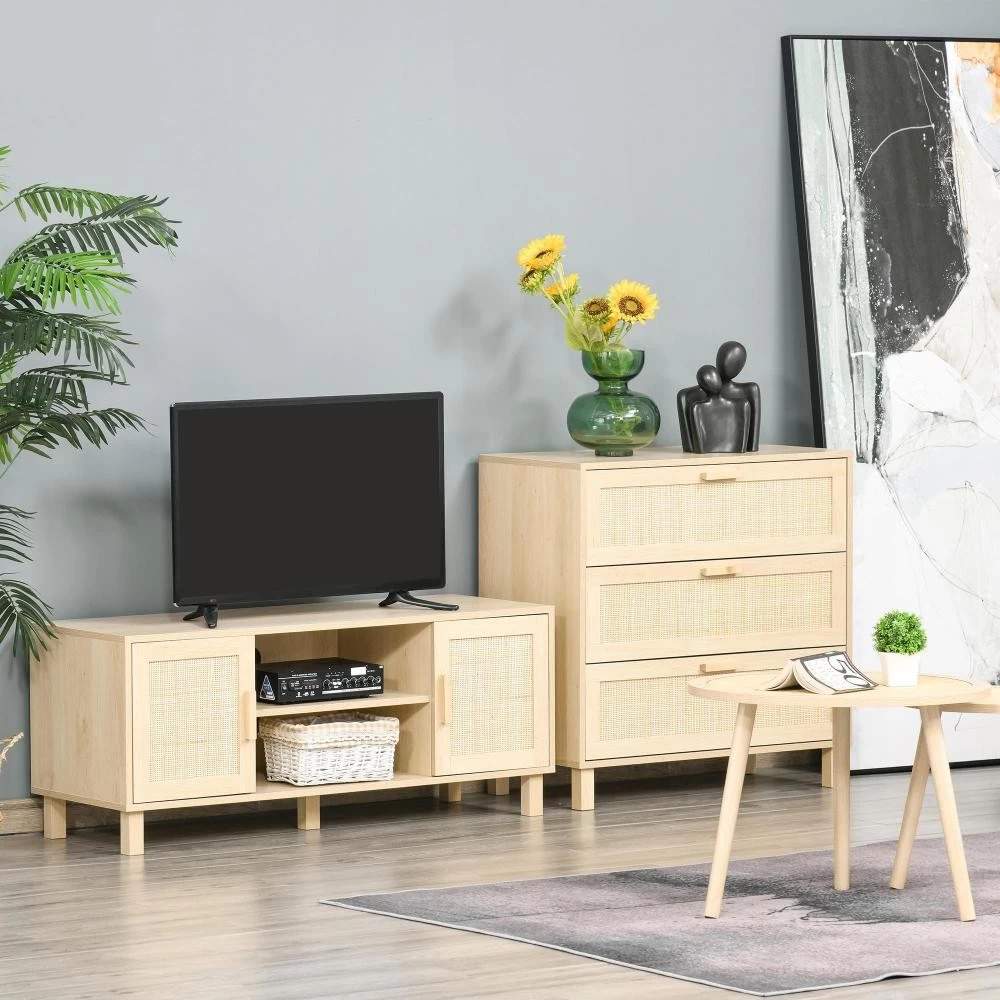 Meuble TV Banc TV 2 Niches 2 Placards Porte Cannage En Rotin Dim. 115L X 40l X 48H Cm MDF Aspect Bois Clair 8 Meuble TV Banc TV 2 Niches 2 Placards Porte Cannage En Rotin Dim. 115L X 40l X 48H Cm MDF Aspect Bois Clair – Image 8