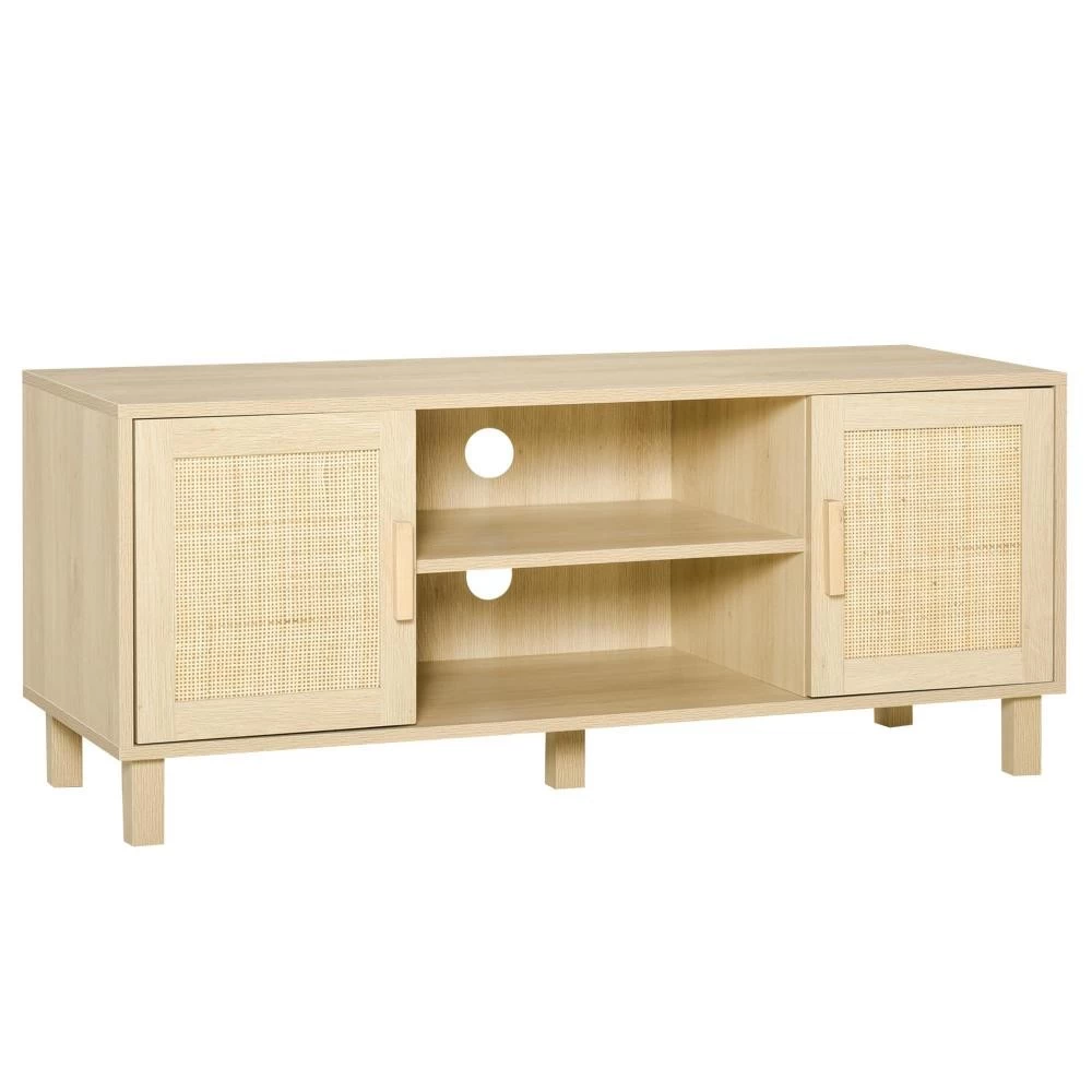 Meuble TV Banc TV 2 Niches 2 Placards Porte Cannage En Rotin Dim. 115L X 40l X 48H Cm MDF Aspect Bois Clair 3 Meuble TV Banc TV 2 Niches 2 Placards Porte Cannage En Rotin Dim. 115L X 40l X 48H Cm MDF Aspect Bois Clair – Image 3