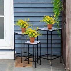 Support Pots De Fleurs 3 Pièces - Lot De 3 étagères à Fleurs - Portes Plantes Empilables - Métal époxy Plateaux Carreaux Céramique Bleu