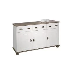 Buffet COLMAR En Pin Massif 3 Tiroirs Et 3 Portes Lasuré Blanc Et Taupe