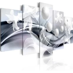 Tableau 5 Panneaux Perles Et Lys Blanc Et Gris