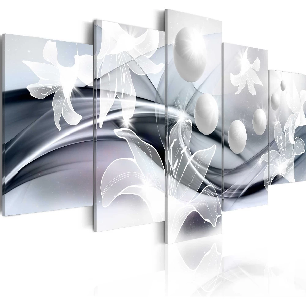 Tableau 5 Panneaux Perles Et Lys Blanc Et Gris 1 Tableau 5 Panneaux Perles Et Lys Blanc Et Gris