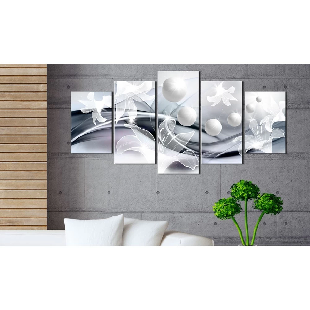Tableau 5 Panneaux Perles Et Lys Blanc Et Gris 2 Tableau 5 Panneaux Perles Et Lys Blanc Et Gris – Image 2