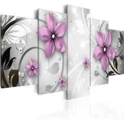 Tableau 5 Panneaux Fleurs Violettes Fond Blanc Et Gris
