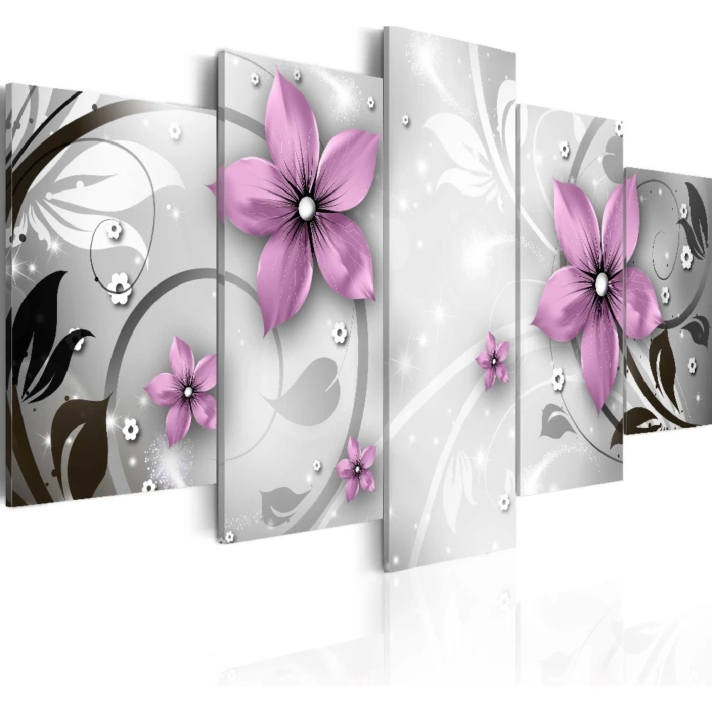Tableau 5 Panneaux Fleurs Violettes Fond Blanc Et Gris 1 Tableau 5 Panneaux Fleurs Violettes Fond Blanc Et Gris