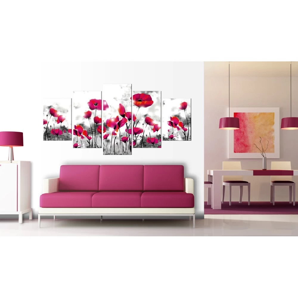 Tableau 5 Panneaux Coquelicots Roses Fond Noir Et Blanc 1 Tableau 5 Panneaux Coquelicots Roses Fond Noir Et Blanc