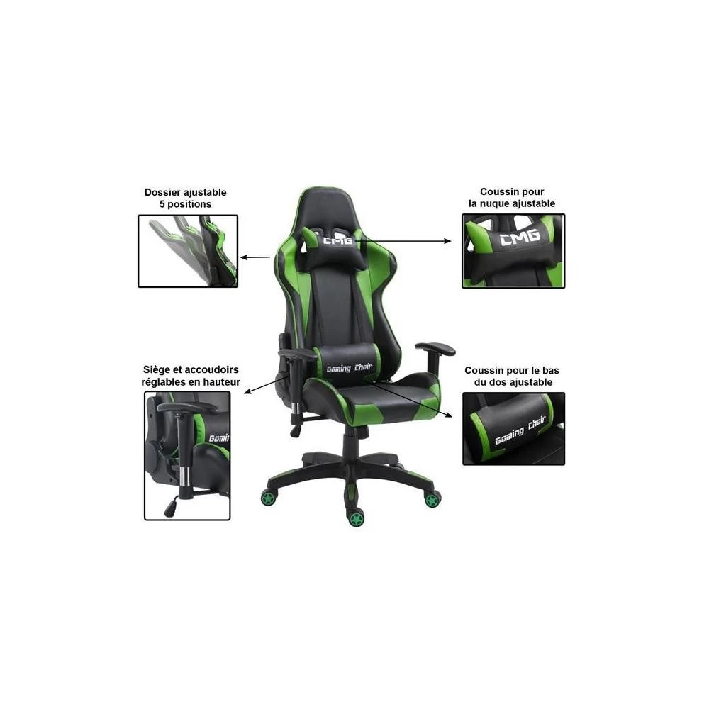 Chaise De Bureau GAMING Revêtement Synthétique Noir Et Vert 3 Chaise De Bureau GAMING Revêtement Synthétique Noir Et Vert – Image 3