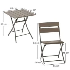 Ensemble Bistro De Jardin 3 Pièces Pliables Design Contemporain Table Carrée Et 2 Chaises à Lattes Métal époxy PE Aspect Bois
