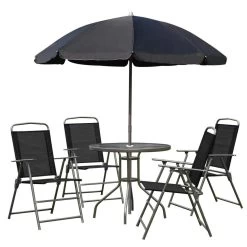 Ensemble Salon De Jardin 6 Pcs - Table Ronde + 4 Chaises Pliables + Parasol - Acier époxy Café Textilène Polyester Noir