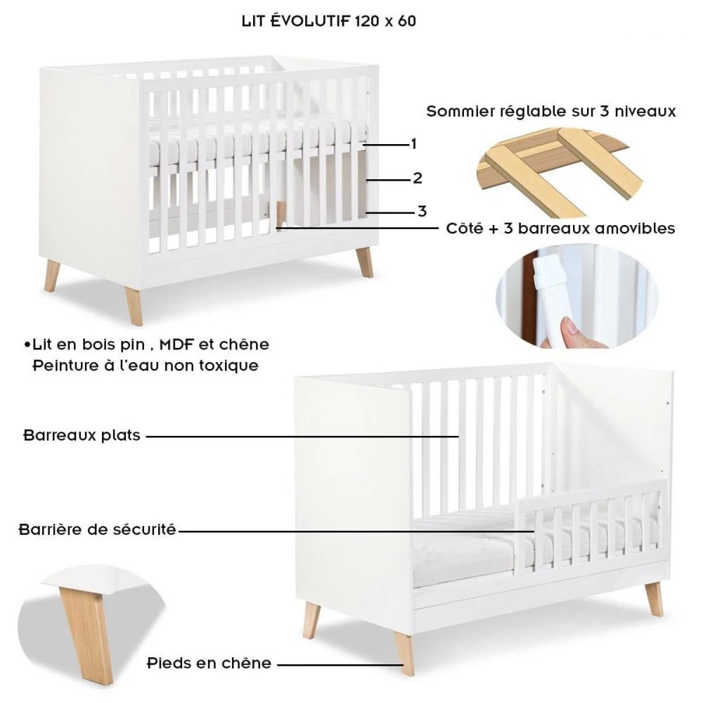 NOAH Lit évolutif Bébé Enfant Bois Avec Sommier Réglable Et Pieds En Chêne 7 NOAH Lit évolutif Bébé Enfant Bois Avec Sommier Réglable Et Pieds En Chêne – Image 7