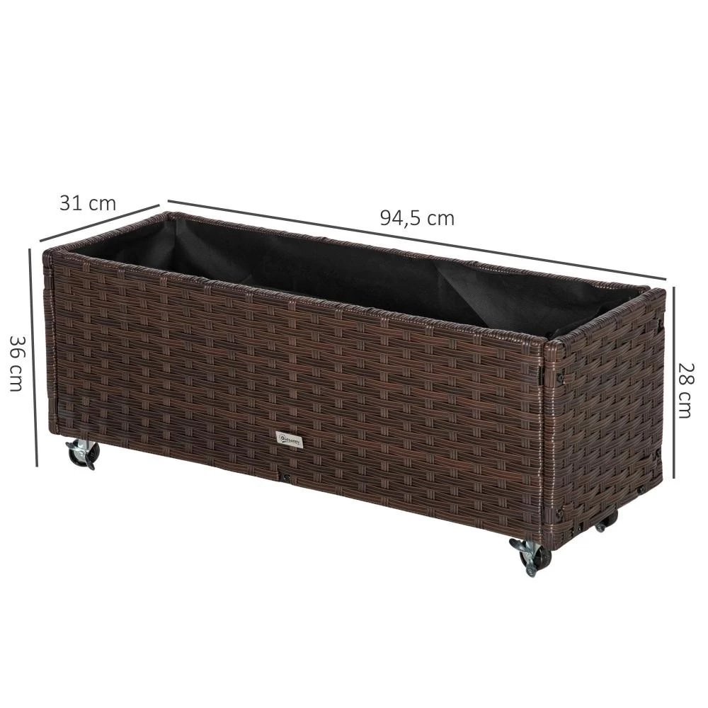 Jardinière Sur Roulettes Dim. 94L X 31l X 36H Cm Feutre De Drainage Inclus Résine Tressée Aspect Rotin Chocolat 6 Jardinière Sur Roulettes Dim. 94L X 31l X 36H Cm Feutre De Drainage Inclus Résine Tressée Aspect Rotin Chocolat – Image 6