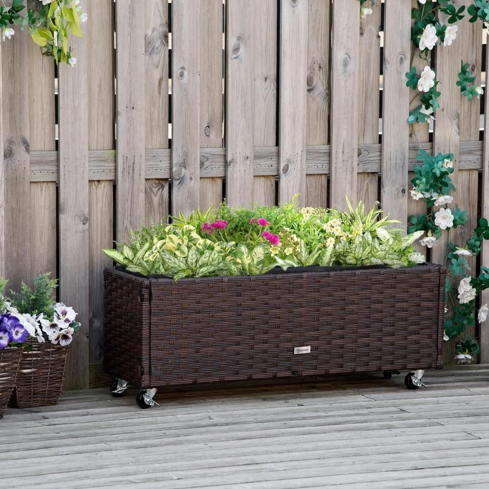 Jardinière Sur Roulettes Dim. 94L X 31l X 36H Cm Feutre De Drainage Inclus Résine Tressée Aspect Rotin Chocolat 4 Jardinière Sur Roulettes Dim. 94L X 31l X 36H Cm Feutre De Drainage Inclus Résine Tressée Aspect Rotin Chocolat – Image 4
