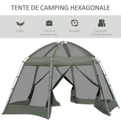 Tente De Camping Familiale 6-8 Personnes - Tente Hexagonale - Avec Sac De Transport Et Piquets De Sol - Dim. 493L X 493L X 240H Cm Fibre Verre Polyester - Vert