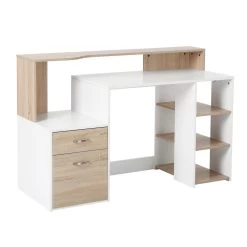 Bureau Informatique Multimédia Design Multi-rangements 137 L X 55 L X 92 H Cm Chêne Blanc