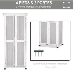 Abri De Jardin Armoire De Jardin Sur Pied Dim. 77L X 58l X 175H Cm 2 étagères 2 Portes 3 Crochets Toit Bitumé étanche Bois Pin Pré-huilé Gris Blanc