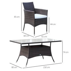 Ensemble Salon De Jardin 6 Personnes - Grande Table Rectangulaire, 6 Fauteuils - 6 Coussins D'assise Déhoussables Inclus - Métal époxy Verre Trempé 5 Mm Résine Tressée Chocolat
