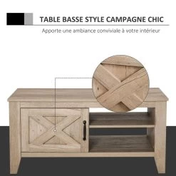 Table Basse Rectangulaire Style Rural Chic Placard Avec étagère 2 Niches MDF Aspect Bois Clair