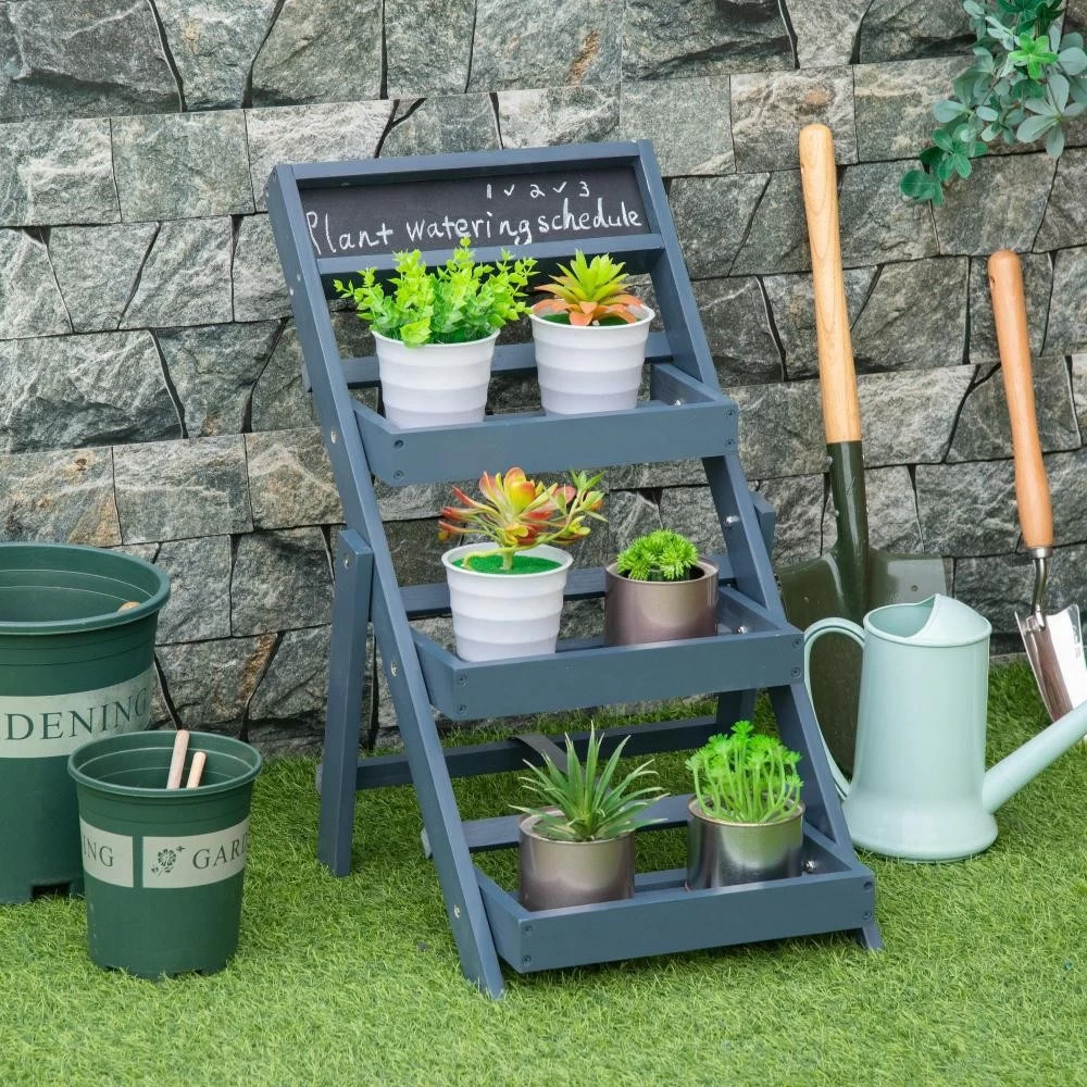 Étagère échelle à Fleurs Pliable - Porte Plante Bois 3 étagères Avec Rebord - Tableau Noir Personnalisable Intégré - Bois Sapin Gris 3 Étagère échelle à Fleurs Pliable - Porte Plante Bois 3 étagères Avec Rebord - Tableau Noir Personnalisable Intégré - Bois Sapin Gris – Image 3