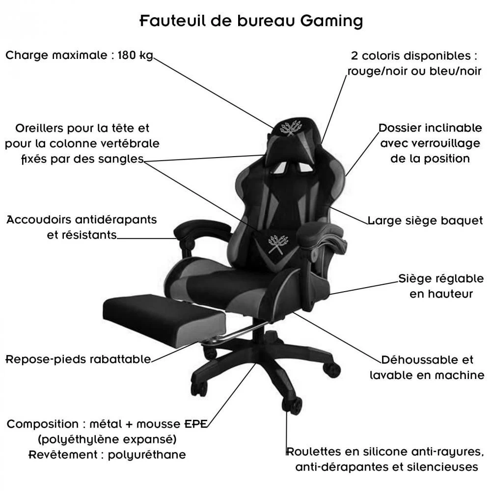 GAMER Fauteuil De Bureau Siège Gaming Dossier Inclinable Avec Repose-pieds 4 GAMER Fauteuil De Bureau Siège Gaming Dossier Inclinable Avec Repose-pieds – Image 4