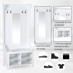Porte-manteau Vestiaire D'entrée Banc Style Néo-rétro Dim. 80L X 40l X 170H Cm 4 étagères 4 Patères Double Crochet Miroir MDF Panneaux Particules Blanc