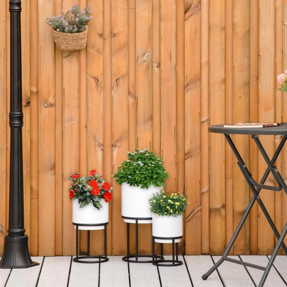 Supports De Pots De Fleurs Design - Supports à Plantes - Lot De 3 Avec Pots De Fleurs - Métal époxy Noir Et Blanc 3 Supports De Pots De Fleurs Design - Supports à Plantes - Lot De 3 Avec Pots De Fleurs - Métal époxy Noir Et Blanc – Image 3