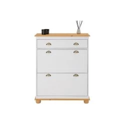 Meuble à Chaussures En Pin COLMAR 2 Abattants Lasuré Blanc Et Brun