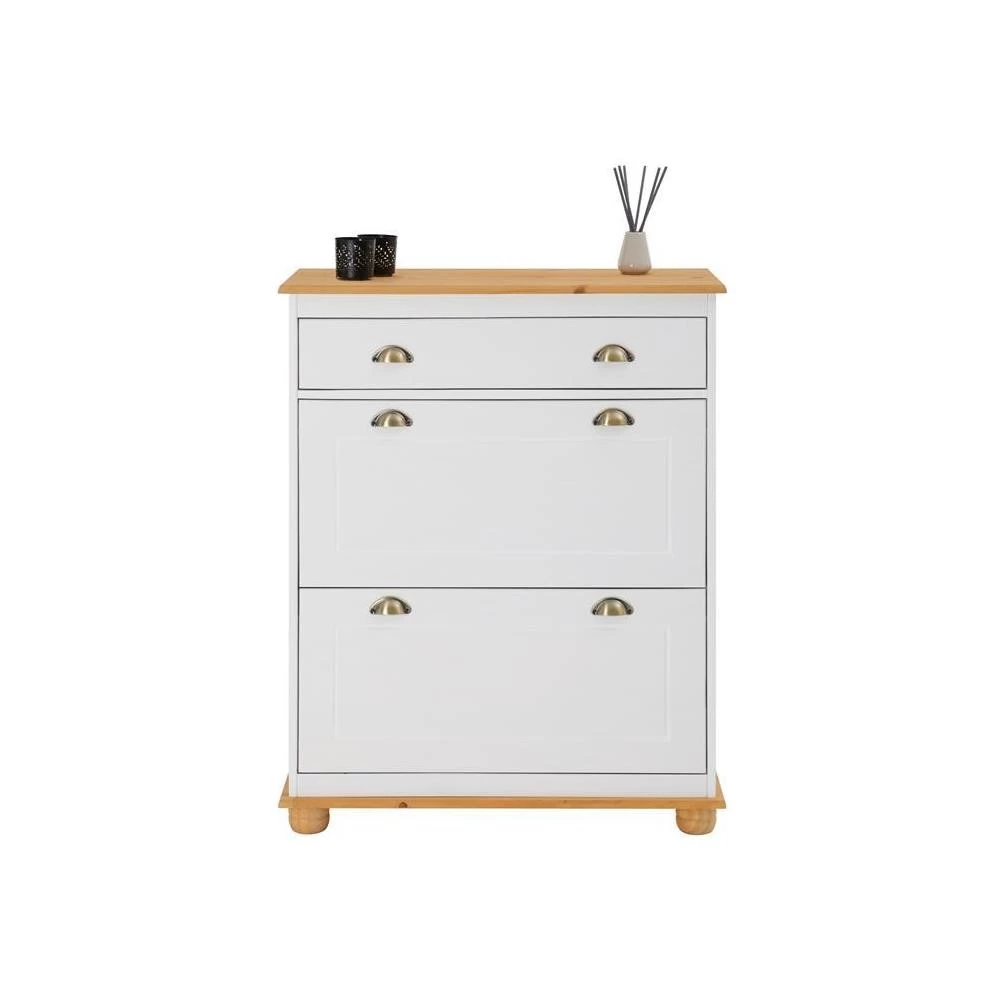 Meuble à Chaussures En Pin COLMAR 2 Abattants Lasuré Blanc Et Brun 1 Meuble à Chaussures En Pin COLMAR 2 Abattants Lasuré Blanc Et Brun