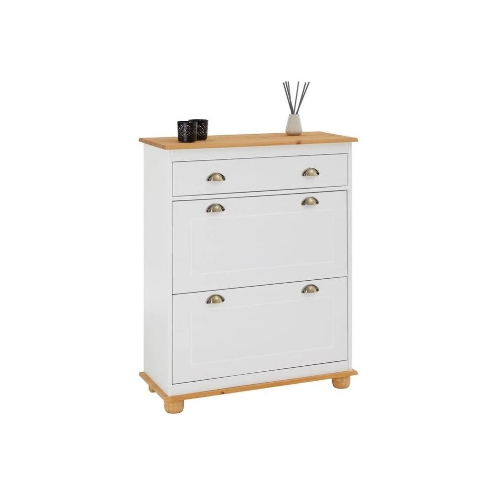 Meuble à Chaussures En Pin COLMAR 2 Abattants Lasuré Blanc Et Brun 2 Meuble à Chaussures En Pin COLMAR 2 Abattants Lasuré Blanc Et Brun – Image 2