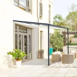 Pergola Adossable Retractable Dim. 3L X 3l X 2,3H M Pavillon De Jardin Toile Polyester Haute Densité Crème Structure Métal époxy Gris
