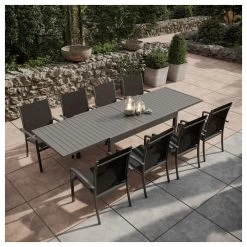 Table De Jardin Extensible Aluminium 135/270cm + 8 Fauteuils Empilables Textilène Gris Anthracite - ANDRA