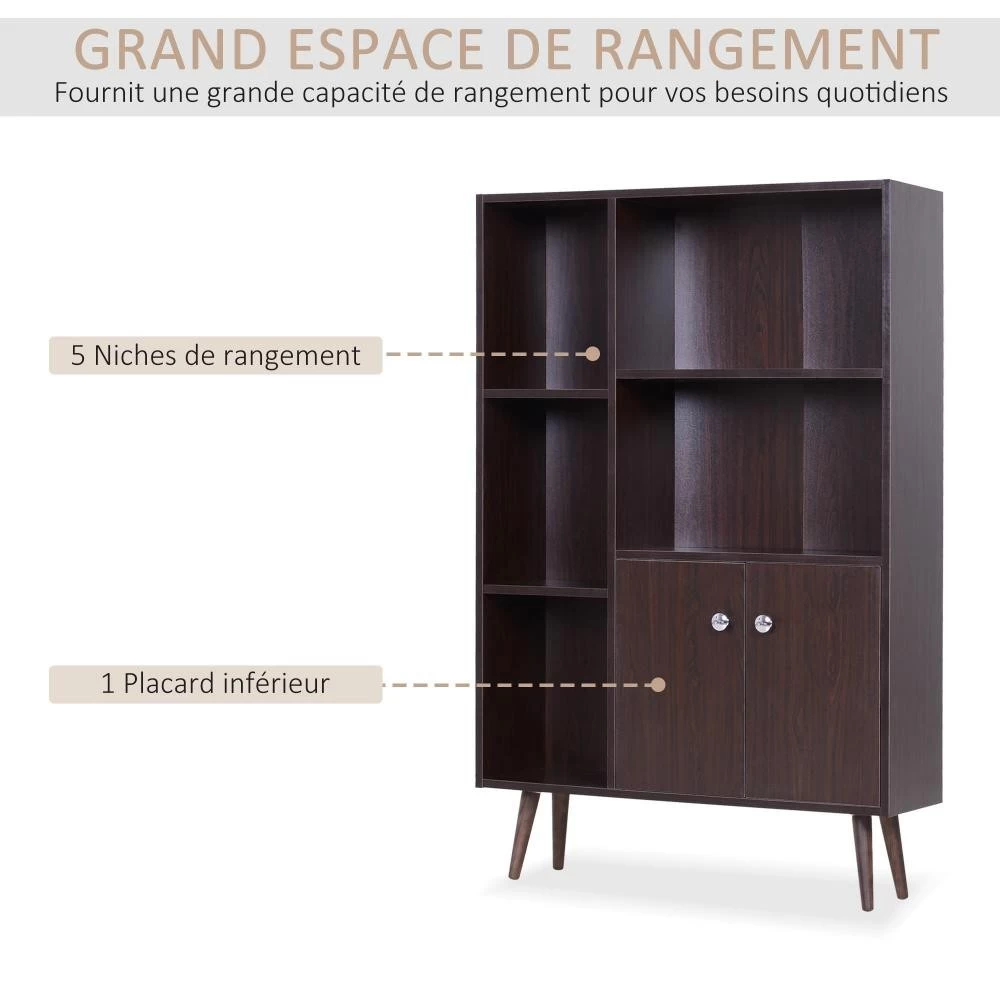 Bibliothèque Scandinave Dim. 80L X 23,5l X 124H Cm 5 Niches Placard 2 Portes Pieds Effilés Inclinés Bois Massif Panneaux Particules Wengé 3 Bibliothèque Scandinave Dim. 80L X 23,5l X 124H Cm 5 Niches Placard 2 Portes Pieds Effilés Inclinés Bois Massif Panneaux Particules Wengé – Image 3