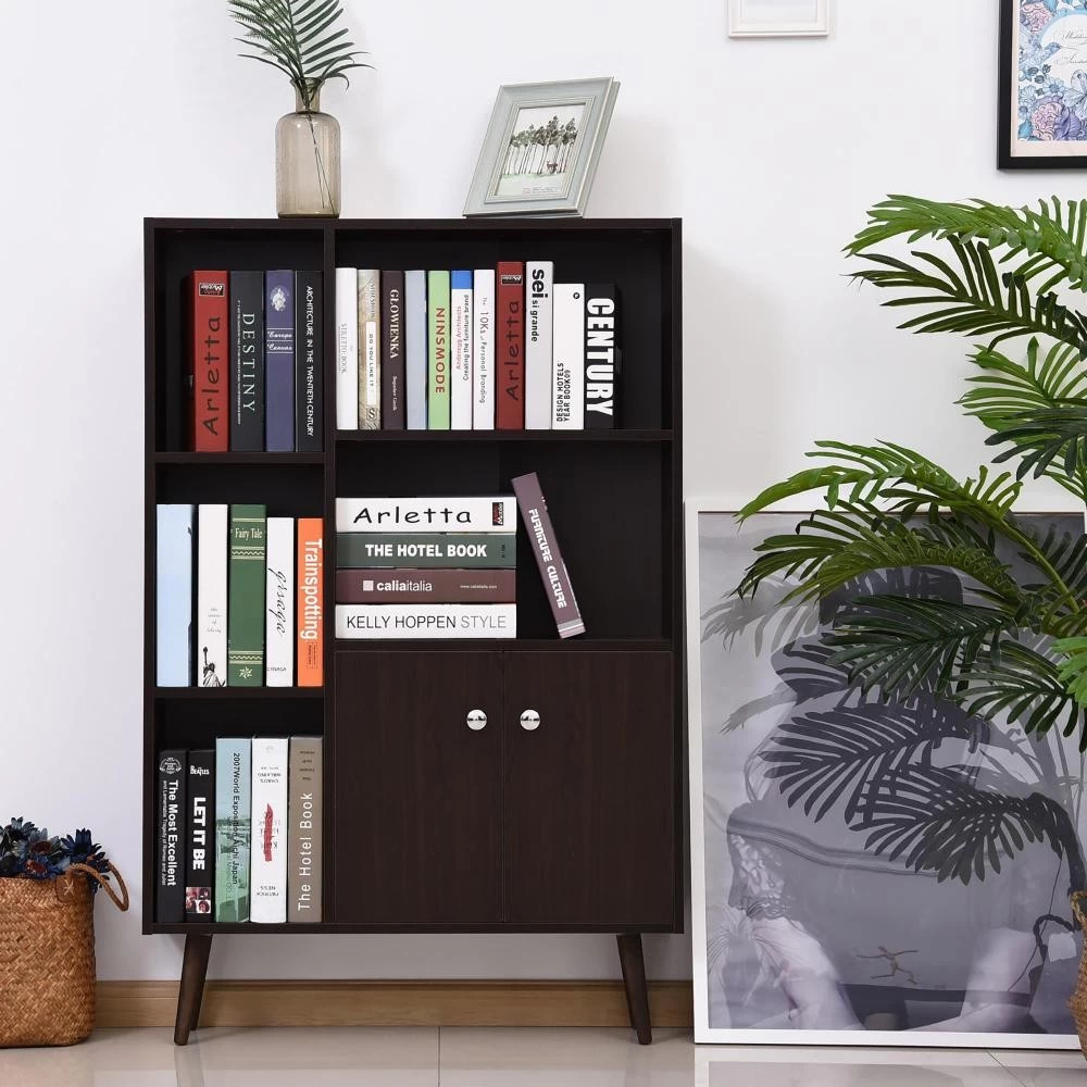 Bibliothèque Scandinave Dim. 80L X 23,5l X 124H Cm 5 Niches Placard 2 Portes Pieds Effilés Inclinés Bois Massif Panneaux Particules Wengé 4 Bibliothèque Scandinave Dim. 80L X 23,5l X 124H Cm 5 Niches Placard 2 Portes Pieds Effilés Inclinés Bois Massif Panneaux Particules Wengé – Image 4