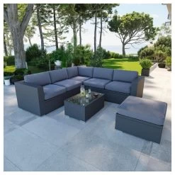 Salon De Jardin En Résine Tressée Fonctionnel Avec Coffres De Rangement Intégrés - Noir Gris - FARENZA